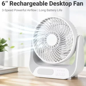 Rechargeable 3 Speed 6 Inch Desktop Fan with Built In LED Light Quiet Operation Portable Fan with AC DC Function