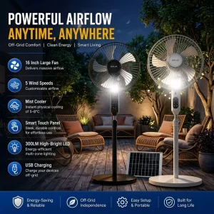 Rechargeable Fan with Solar Panel and Bulbs Fan with Solar Panel Solar Standing Fan with Mist Cooler