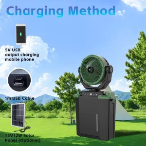 Rechargeable Mist Fan 10” Oscillating Portable Fan 10Ah Lithium Battery 9L Water Tank AC DC Solar Cooling Fan with Power Bank