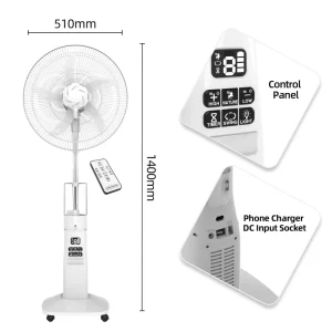 Rechargeable Solar Battery Powered Outdoor Use Cooling Stand Fan LED Light Mist Spray Adjustable Height Mechanical Control