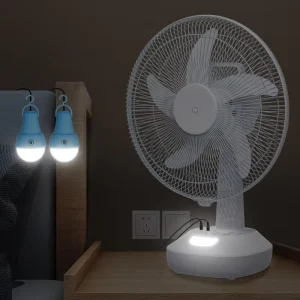 Rechargeable Solar Fan 14 Inch with LED Light Bulbs Oscillating AC DC Table Desk Stand Fan