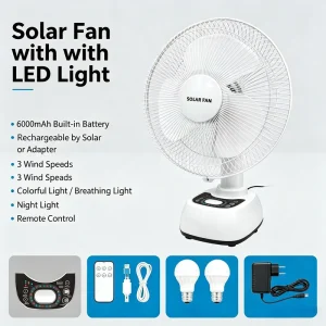 Rechargeable Solar Table Fan 12 Inch with USB Output Function Remote Operated Fan for Household Backyard Power Failure Supply