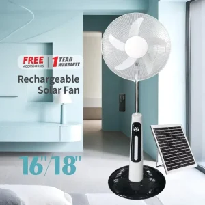 Rechargeable Standing Fan Floor Solar Fan Solar Panel LED Light & USB C Charging 16 Inch Solar Rechargeable Fan