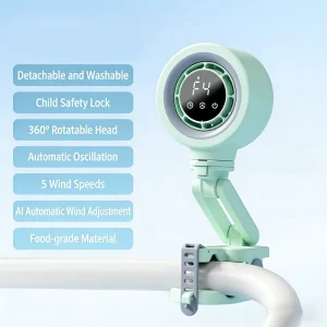 Rechargeable Stroller Fan AI Auto Wind Control 1 Second Lock Clip for Baby
