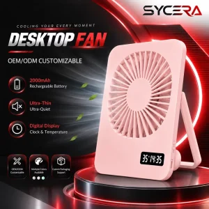 Rechargeable USB Desktop Fan Portable Mini Table Fan Ultra Thin Quiet Cooling Fan with Digital Clock Temperature OEM ODM