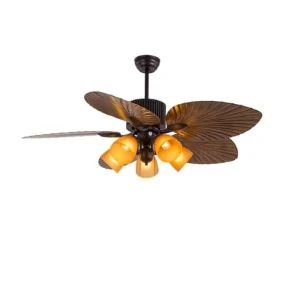 Restaurant House ABS Palm Leaf Ceiling Fan with Light Bulb Cambodia Tropical Ceiling Fans with Pull Cords