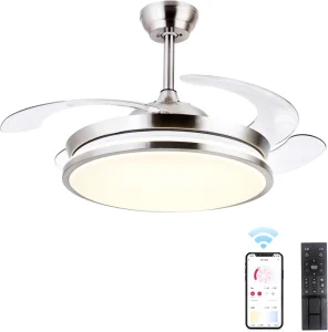 Retractable Ceiling Fans with Lights Modern Low Profile Bladeless LED Ceiling Fan Lights with Remote Control Smart Brushed Fan