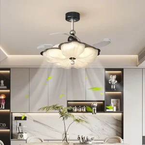 Retro Flower Shaped Invisible Ceiling Fan Light Black Invisible DC Silent Fan Pendant Light Dimmable Indoor Home Decoration