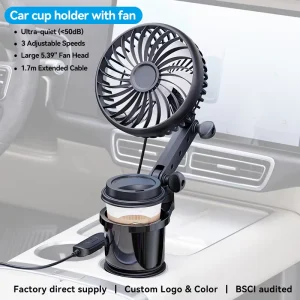 SHUNWEI USB Powered 5W 3 Speed Quiet (up to 50dB) ABS Car Cup Holder Fan with 360 Rotation & Expandable Base (66 100mm)