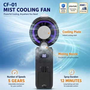 Semiconductor Cooling Neck Fan Foldable Mist Personal Fan with LED Display 5 Speed 3600mAh USB Rechargeable Hands-Free Misting