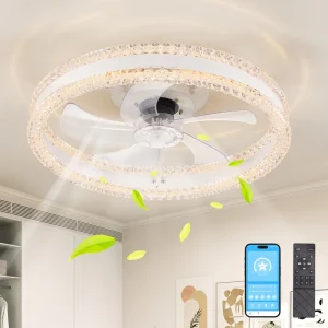 Ship in USA 20″ Luxury Double Ring LED Ceiling Fan with Light Modern Flush Mount Design Hidden Blades Dimmable Lighting White