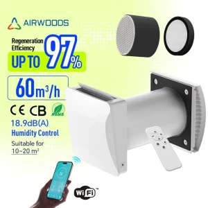 Single Room ERV White Wall Ventilation With 97% Efficiency Reversible DC Fan for House