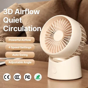 Small Desk Fan USB Rechargeable Portable Mini Table Fan 4 Speed Quiet Oscillating Personal Cooling Breeze