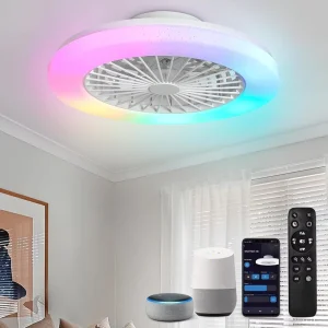 Smart Blade Ceiling Fans with RGB Lights Low Profile Ceiling Fan Light Ambient Flush Mount Fan Light for Bedroom Living Room