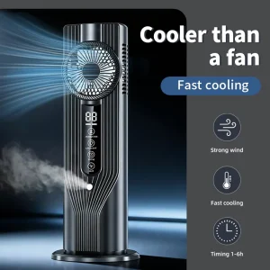 Smart Bladeless Tower Fan with Mist & Timer Rechargeable 6 Speed 32.5cm Portable Air Cooler LED Light for Bedroom Office Car