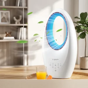 Smart Bladeless Tower Fan with Voice Control Remote LED Mood Light Oscillating Floor Standing Fan for Home Bedroom