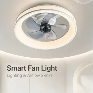 Smart LED Ceiling Fan Light DC Motor 20W 5 Blades Full Face Diffuser Flush Mount Dimmable Remote for Bedroom Living Room