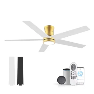 Smart Modern LED Ceiling Fan Lamp Remote Control Flush Mount Gold Plywood 5 Blades Lighting LED Ceiling Fan with Light