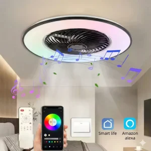 Smart Music Ceiling Fan Light Tuya WiFi Speaker, Dimmable RGB Flush Mount LED Fan Lamp with Remote Voice Control