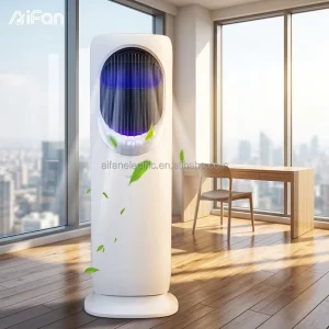 Smart Plastic Bladeless Tower Fan with Remote Control Oscillating 3 Speed Night Light & Air Purifier for Household Use