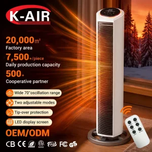 Smart Remote Controlled Oscillating Plastic Tower Fan Heater with Timer 220V 2200W for Home Use