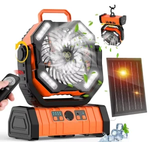 Solar Camping Fan Portable Battery Operated Outdoor Fan LED Lights Remote Control Personal Rechargeable Car Hotel Plastic Box