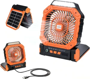 Solar Camping Fan with Light 7800mAh Rechargeable Battery Operated Timer 4 Speeds Portable Tent Desk Fan Outdoor OEM
