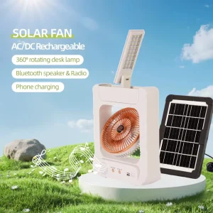 Solar Electric Fan 6 Inch with Desk Lamp AC DC for Home Office Outdoor Three Speed Wind Rechargeable Fan