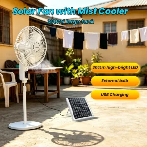 Solar Electric Fan with Solar Panel and Bulbs Solar Rechargeable Standing Fan with Light 16 Inch Solar Powered Fan for Home