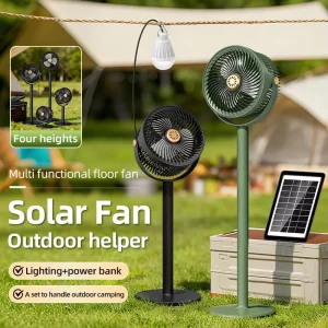 Solar Electric Floor Stand Fan 4 Heights 5 Speeds Household Vertical Air Circulation Fan Light Bulb Rechargeable Standing Fan