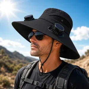 Solar Fan Cap Solar Powered Cooling Fan Hat Wide Brim Bucket Hat for Fishing Hiking Outdoor Sun Protection 3 Speed Wind Modes