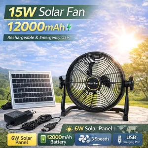 Solar Fan Rechargeable Floor Fan High capacity Battery High efficiency Solar Panel USB Charging for Home Outdoor Camping