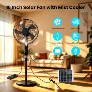 Solar Fan with Mist Cooler Ceiling Fan Solar with Panel and Battery Solar Electric Camping Fan