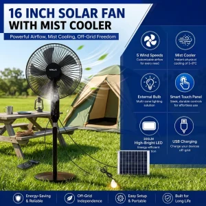 Solar Fan with Solar Panel 16 Inch Solar Powered Standing Fan with Mist Cooler Multi Function Misting Fan