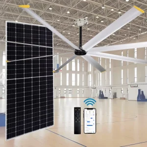 Solar Industrial HVLS Ceiling Fan 3 Meters Smart App Control Solar DC Ceiling Fan with Solar Panel Factory Canteen Cooling Fan