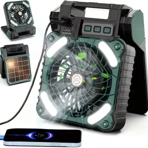 Solar Outdoor Camping Fan with LED Light Solar Panel Rechargeable Battery Powered Portable Solar Fan for Picnic Barbecue Travel