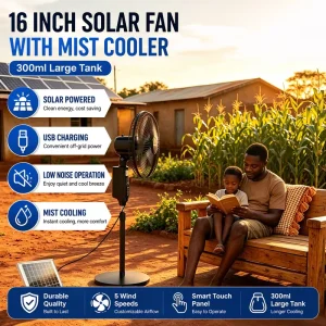 Solar Panel Fan 16 Inch Rechargeable Solar Standing Fan Solar Ceiling Fan with Solar Panel Lithium Battery