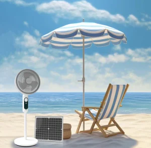 Solar Panel Fan 30W 14-Inch IP65 Outdoor Rechargeable ABS Standing Oscillating Table Fan for Camping and Emergency Use