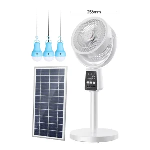 Solar Panel Rechargeable Standing Fan Pedestal Fan with Bulbs LED Light 7 Inch Remote Control Multi function Output
