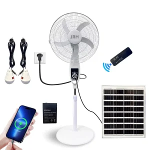 Solar Powered 16 Inch Air Cooling Floor Fan with Remote Control LED Light and Timer Low Noise for Home and Hotel Use