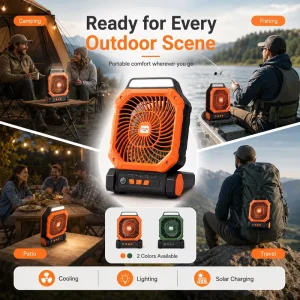 Solar Powered Camping Fan with LED Light 7800mAh Rechargeable Battery Portable Outdoor Cooling Fan High Airflow for Camping