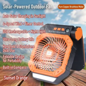 Solar Powered Camping Fan with Timer 4 Speed Portable Rechargeable Fan with LED Lantern