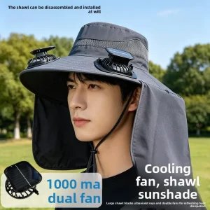 Solar Powered Polyester Dual Fan Fishing Hat Large Brim Sun Protection Neck Guard Outdoor Cooling Cap