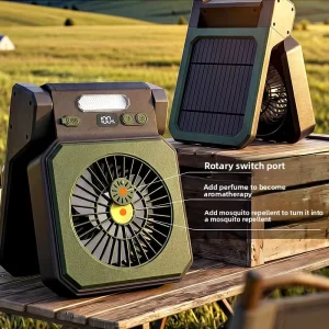 Solar-Powered Rechargeable Camping Fan with Lighting and 3 Speeds