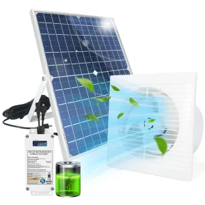 Solar Powered Wall Mounted Axial Exhaust Fan 25W DC 12V Ball Bearing 36dB Quiet Monocrystalline Silicon Solar Panel 5000mAh