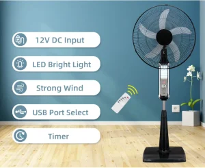 Solar Rechargeable Fan Standing High Speed Dc Fan 12v UAB Port with Led Light