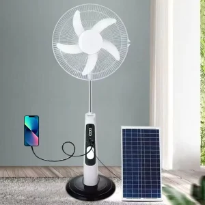 Solar Rechargeable Stand Fan Battery Operated Pedestal Fan 16 Inch with Remote Control and LED Light