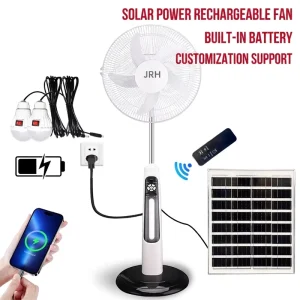 Solar Rechargeable Stand Fan with LED Light Remote Control USB Charging Built in Battery AC Solar DC Powered Pedestal Floor Fan