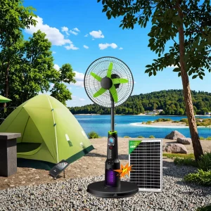 Solar Standing Fan with Mosquito Killing Lamp Rechargeable AC DC Dual Power Fan 6 Speeds Cooling Fan for Off grid Areas Camping