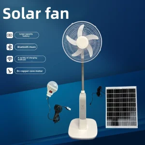 Solar powered 16 inch Floor Fan Light Music Player Remote Control Copper core Motor Best selling Portable Outdoor Fan